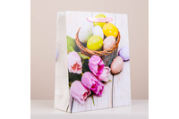 Kép 3/4 - Húsvéti dísztasak virág és festett tojás mintával, csillámporos nagy (32x26x10cm) 