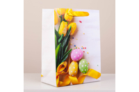 Kép 4/4 - Húsvéti dísztasak virág és festett tojás mintával, csillámporos nagy (32x26x10cm) 