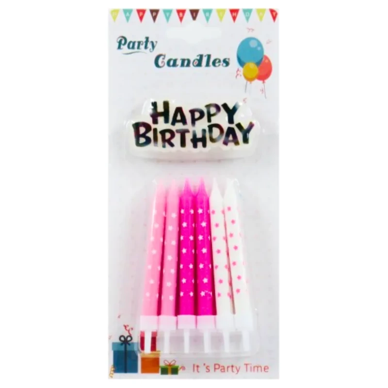 Tortagyertya tartóval pink és fehér 12 db 8 cm + Happy Birthday felirat 609779