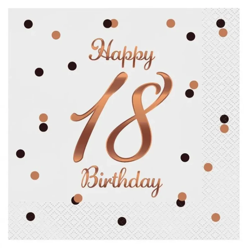 Szalvéta Happy Birthday 18. születésnapra fehér-rosegold 33x33 cm 20 db/csomag
