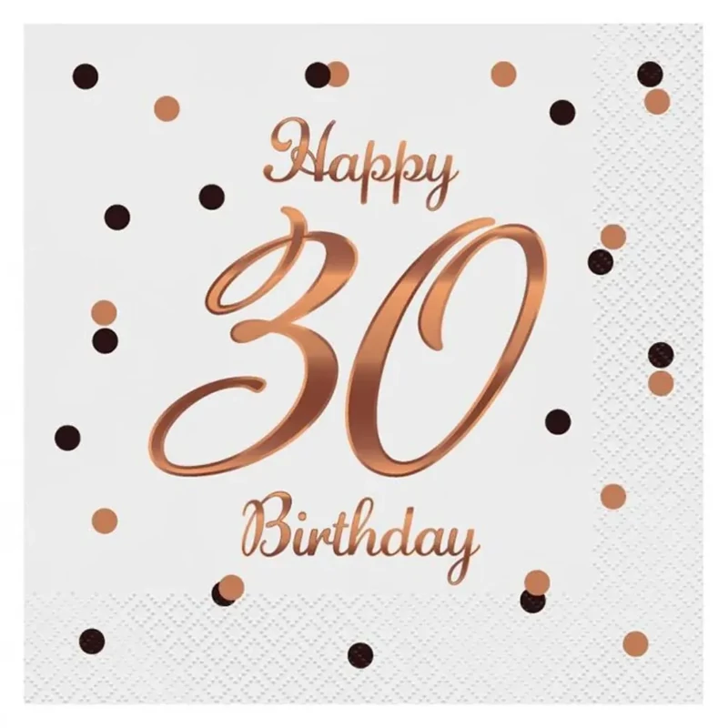 Szalvéta Happy Birthday 30. születésnapra fehér-rosegold 33x33 cm 20 db/csomag