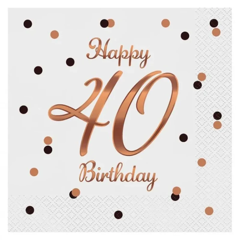 Szalvéta Happy Birthday 40. születésnapra fehér-rosegold 33x33 cm 20 db/csomag