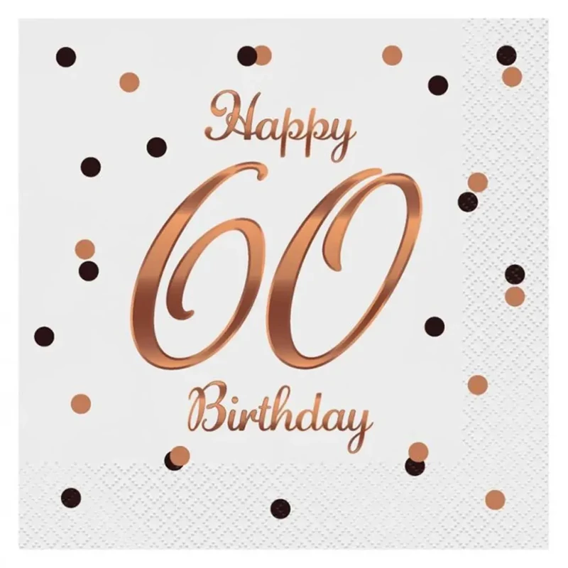 Szalvéta Happy Birthday 60. születésnapra fehér-rosegold 33x33 cm 20 db/csomag