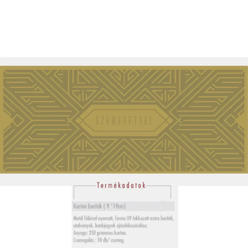 Zsebes pénzboríték Szeretettel felirattal elegáns arany alapon arany színű díszítéssel 9x19 cm