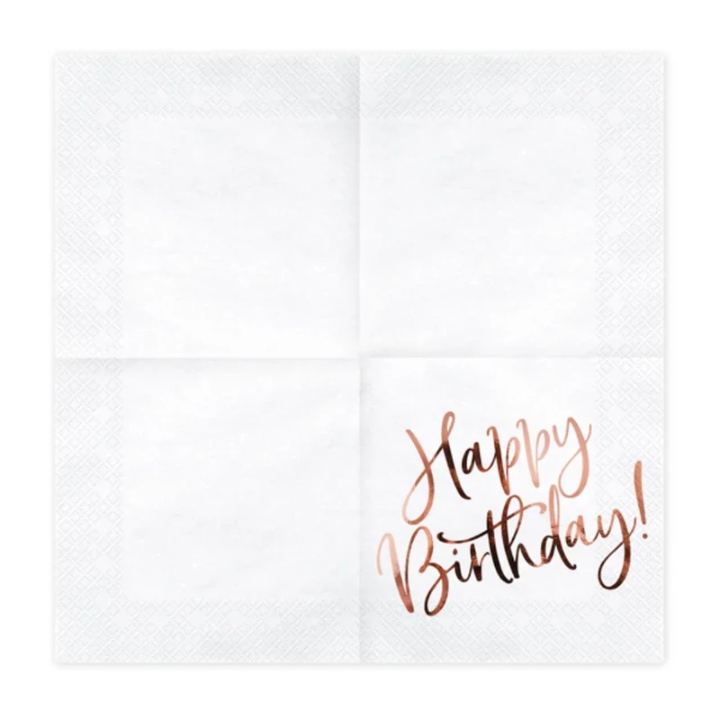 Szalvéta fehér, Happy Birthday rosegold felirat, 33x33 cm, 20db/csomag