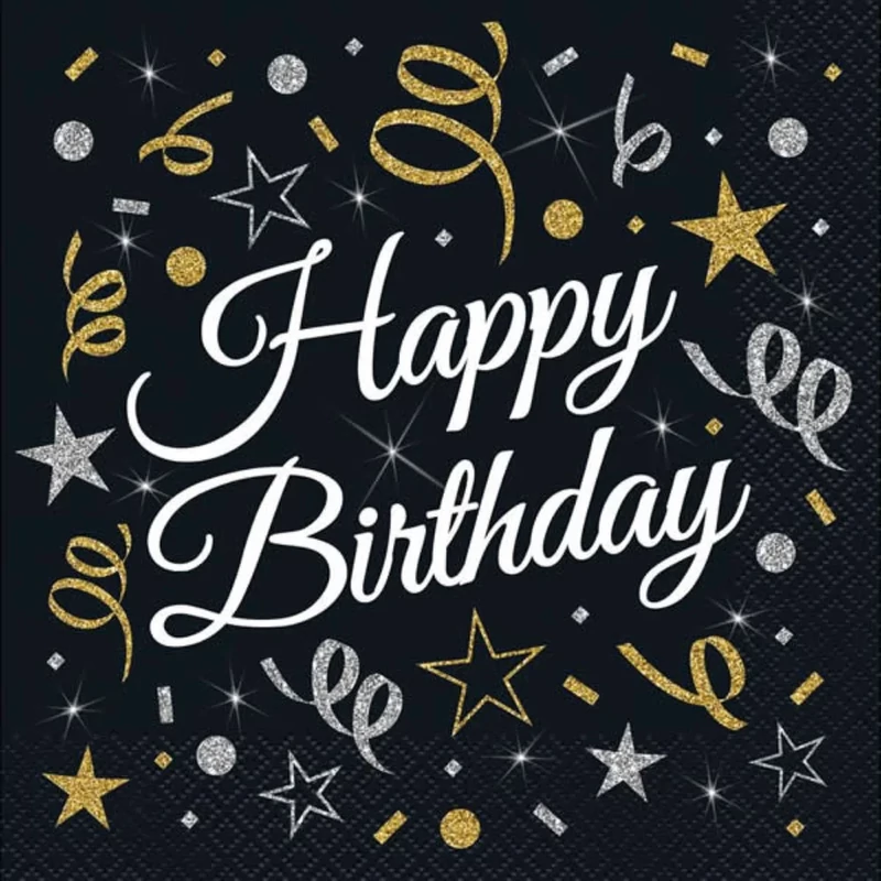 Szalvéta fekete, happy birthday felirat, 33x33 cm, 20 db/csomag