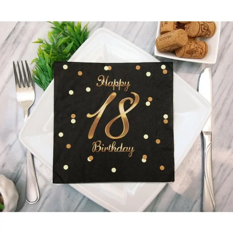 Parti szalvéta arany betűkkel fekete alapon 18. évszámmal 33x33 cm Happy Birthday felirattal 20 db/csomag