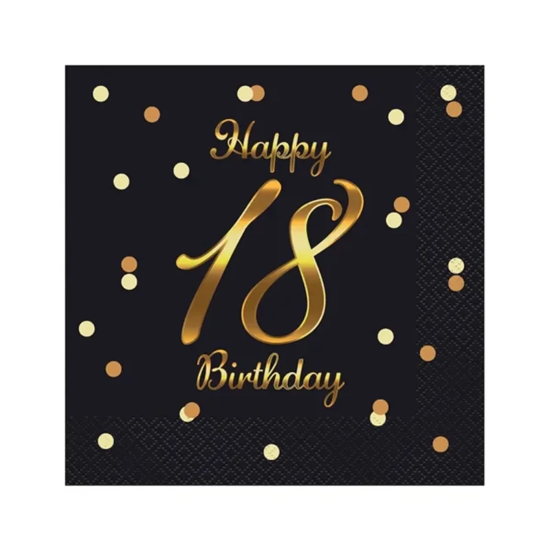 Parti szalvéta arany betűkkel fekete alapon 18. évszámmal 33x33 cm Happy Birthday felirattal 20 db/csomag