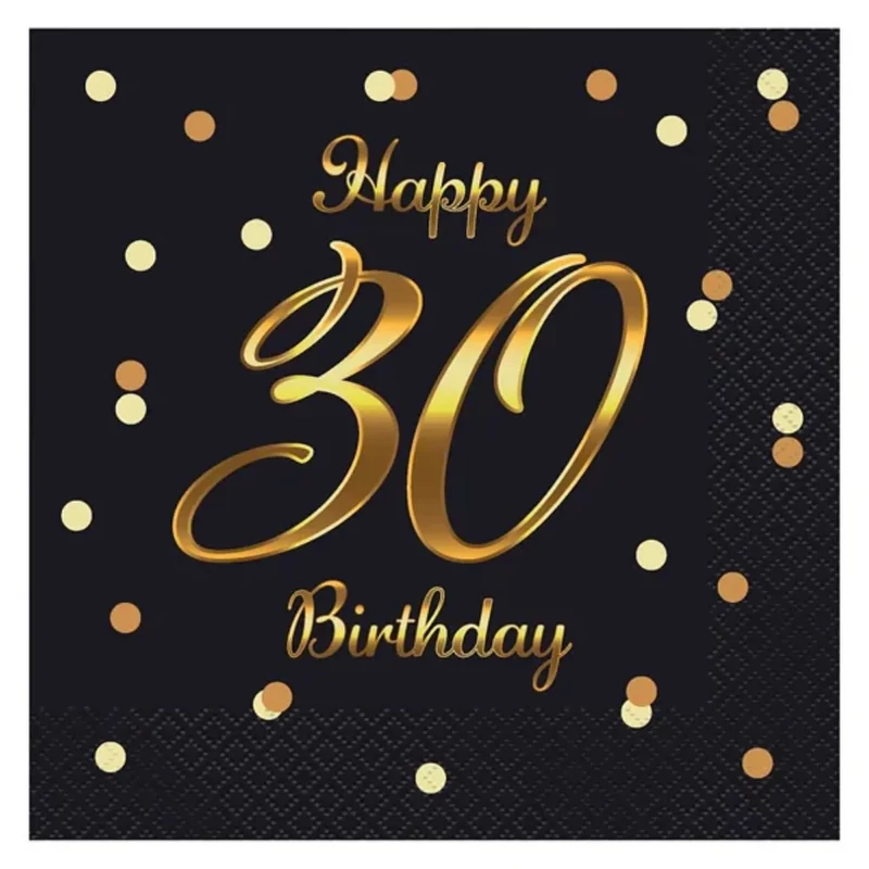 Parti szalvéta arany betűkkel fekete alapon 30. évszámmal 33x33 cm Happy Birthday felirattal 20 db/csomag
