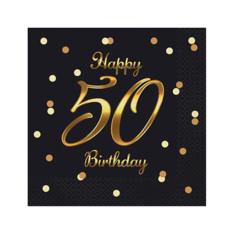Parti szalvéta arany betűkkel fekete alapon 50. évszámmal 33x33 cm Happy Birthday felirattal 20 db/csomag