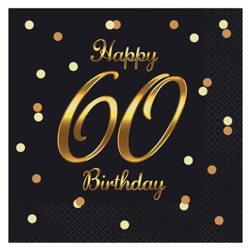 Parti szalvéta arany betűkkel fekete alapon 60. évszámmal 33x33 cm Happy Birthday felirattal 20 db/csomag