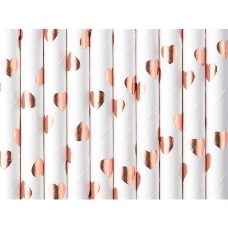 Szívószál papírból, rosegold szívecskés, 10 db/csomag