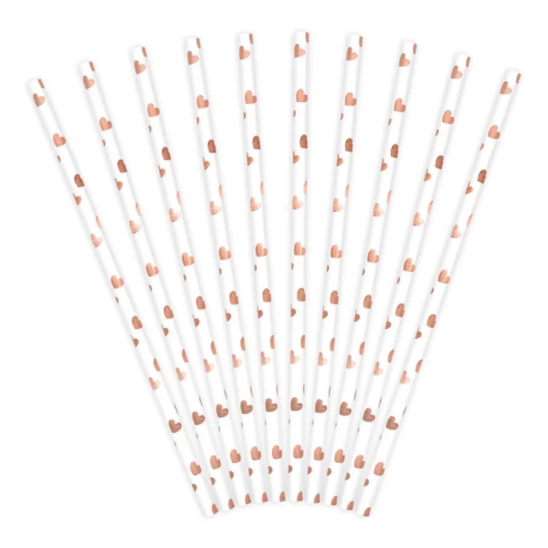 Szívószál papírból, rosegold szívecskés, 10 db/csomag
