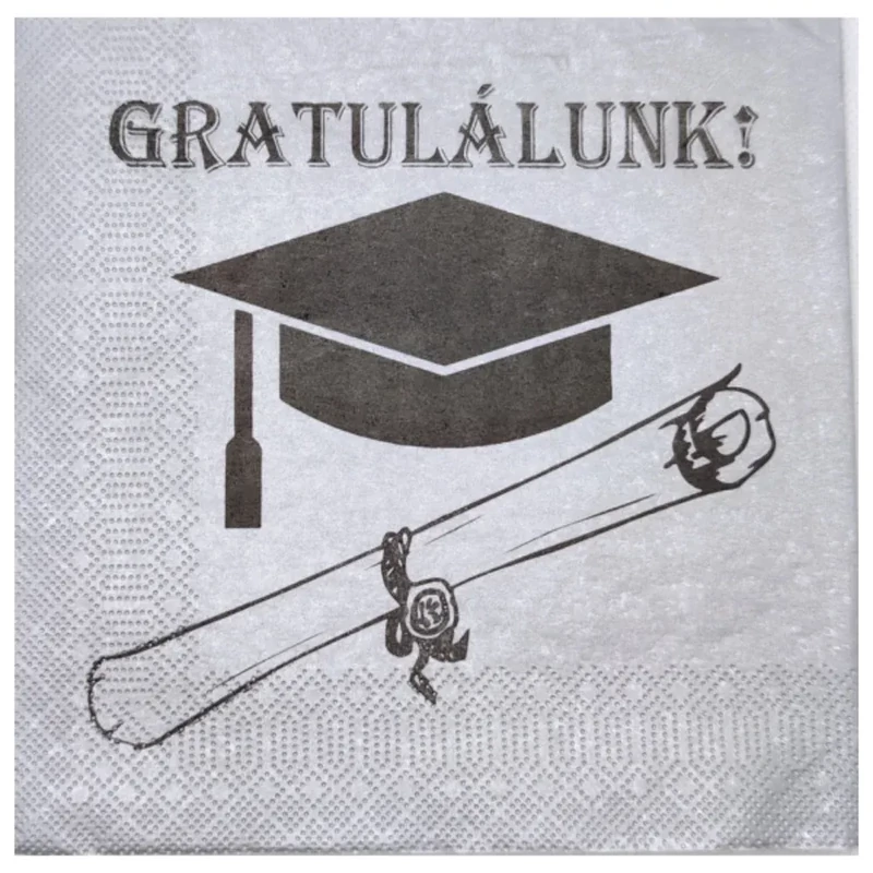 Szalvéta Gratulálunk felirattal ezüst színű 33x33 cm 3 rétegű 10 db/csomag