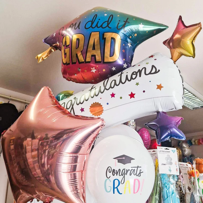 Fólia lufi ballagásra "You did it grad congratulations" szivárványos ballagó kalap 109 cm
