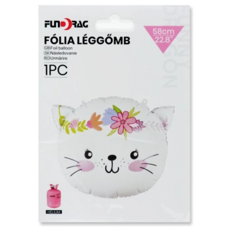 Fólia lufi fehér virágos cica fej 58 cm 646286