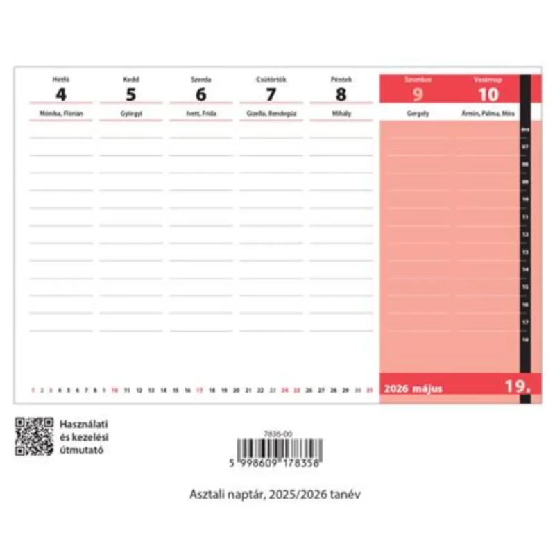 Asztali naptár diákoknak álló 2025/2026 tanév Realsystem