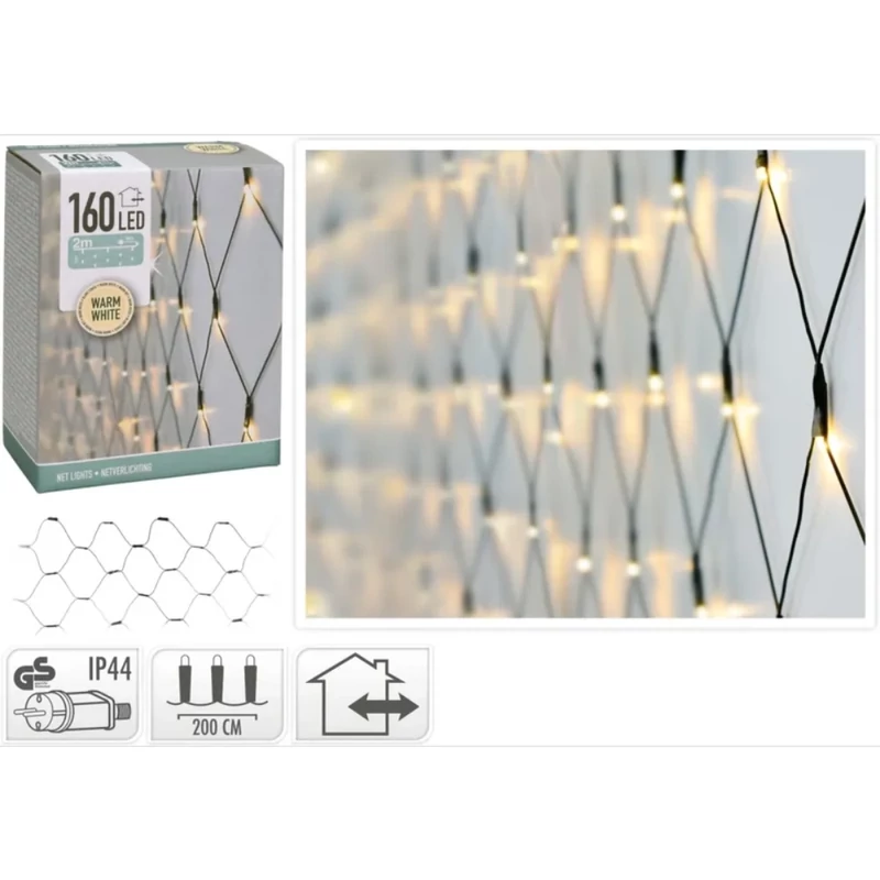 LED háló fényfüzér 160 db 2x1m+3 m beltéri/kültéri meleg fehér