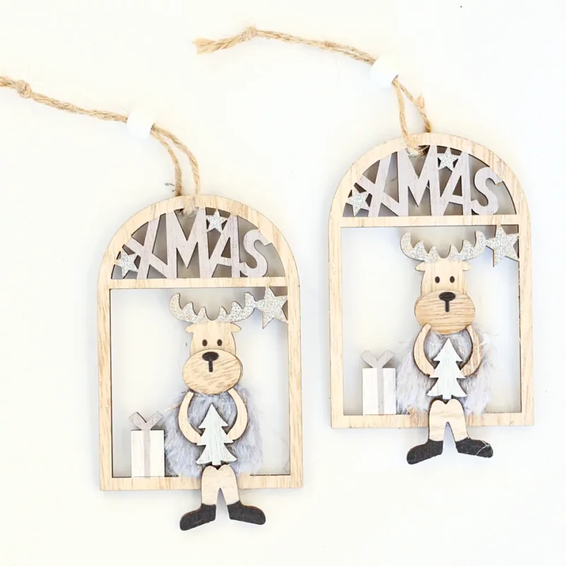 Rénszarvas fából készült karácsonyi dísz akasztóval szürke XMAS 7x10 cm 2 db/csomag ZHH102703