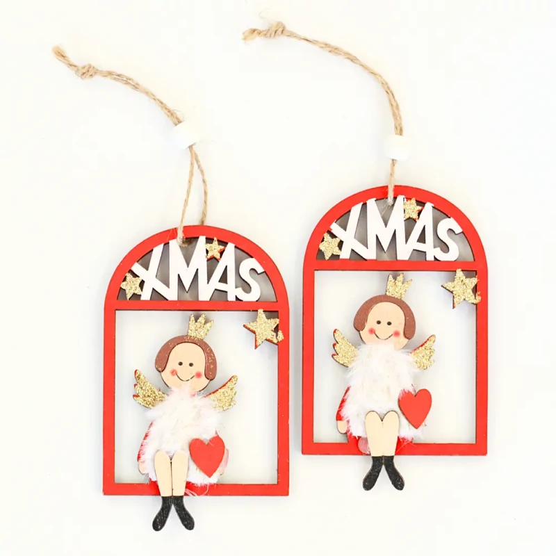 Angyal fából készült karácsonyi dísz akasztóval piros-fehér XMAS 7x10 cm 2 db/csomag ZHH102727