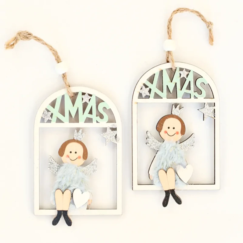 Angyal fából készült karácsonyi dísz akasztóval zöld-fehér XMAS 7x10 cm 2 db/csomag ZHH102741