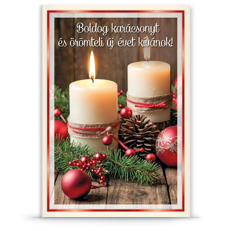 Karácsonyi gyertyák és piros gömbdíszek normál borítékos képeslap üdvözlőlap Ars Una Kifutó