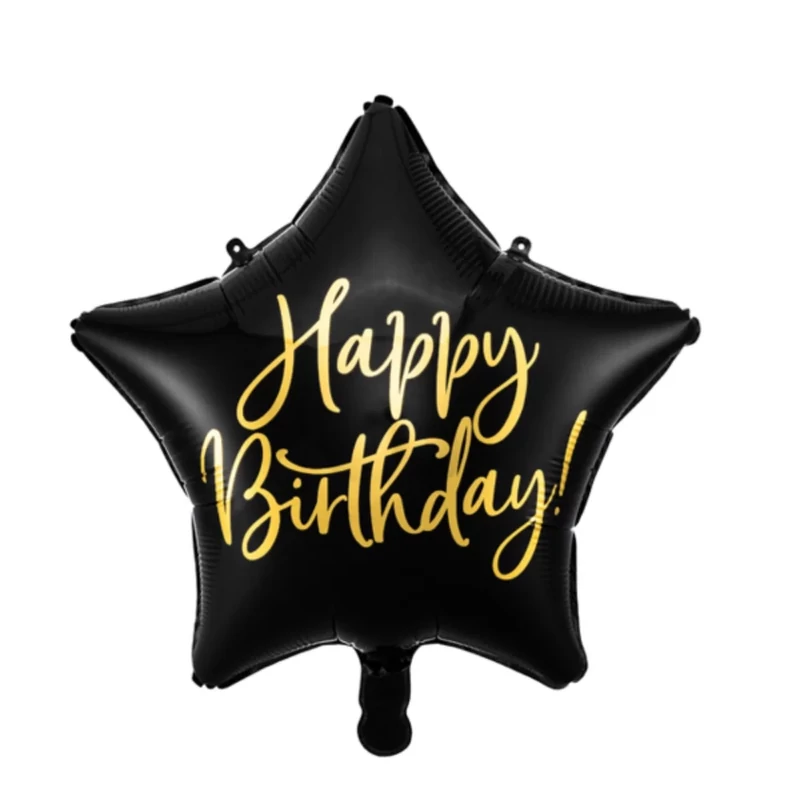 40 cm fólia lufi Happy Birthday arany feliratos csillag alakú fekete színű