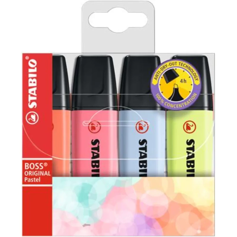 Szövegkiemelő pasztell színek 2-5mm vágott hegyű STABILO Boss original 4 pasztell szín