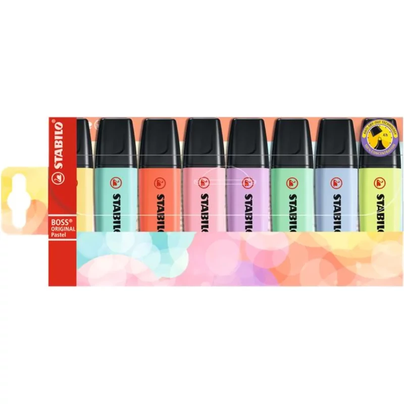 Szövegkiemelő pasztell színek 2-5mm vágott hegyű STABILO Boss original 8 pasztell szín