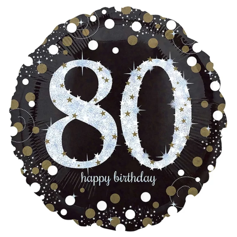 Fólia lufi hologramos Happy Birthday 80. évszám fekete 45 cm