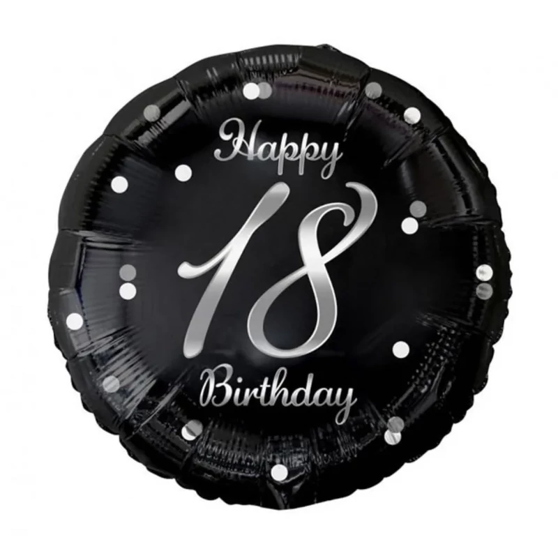 Fólia lufi Happy 18. Birthday évszámos fekete ezüst elegáns 45 cm