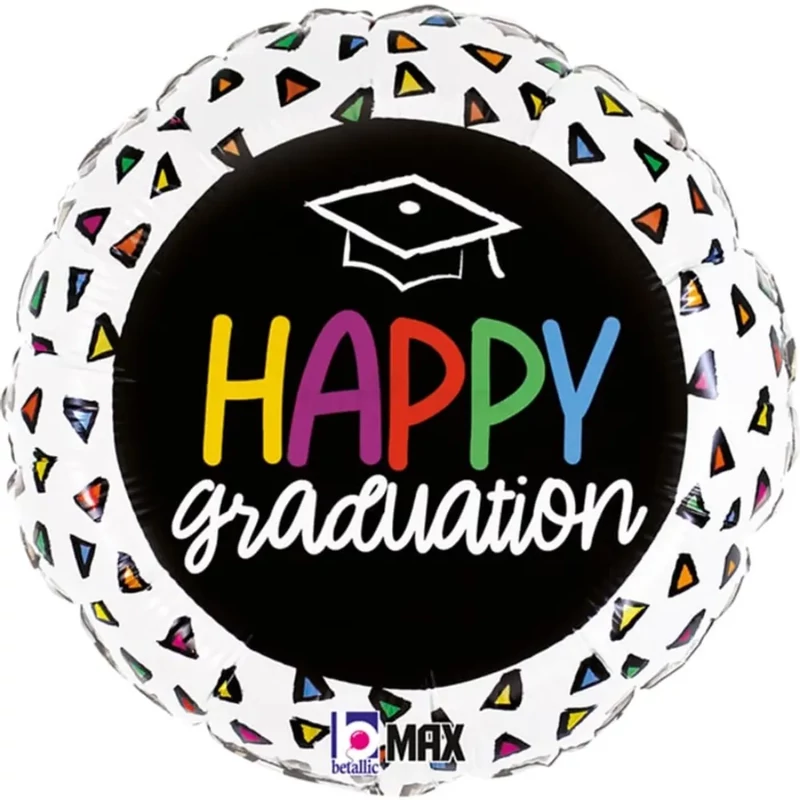 45 cm-es ballagás Happy Graduation színes háromszögekkel fólia lufi