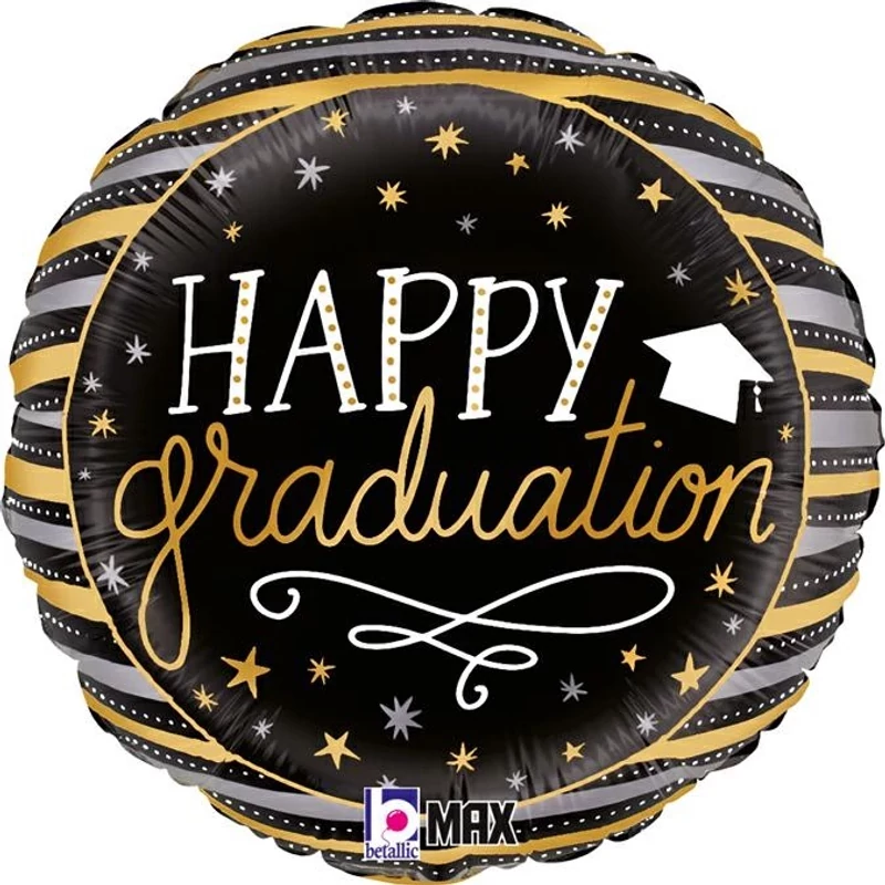 45 cm-es ballagás Happy Graduation arany-fekete csíkos fólia lufi