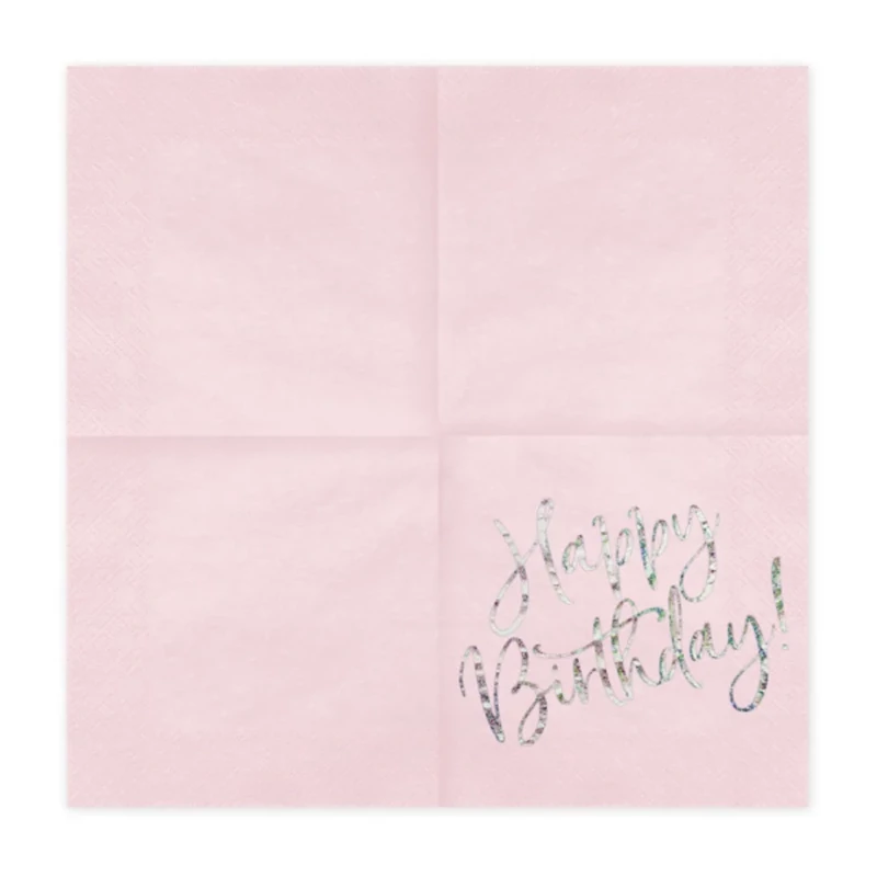 Szalvéta púder rózsaszín, Happy Birthday színváltós felirat, 33x33 cm, 20db/csomag