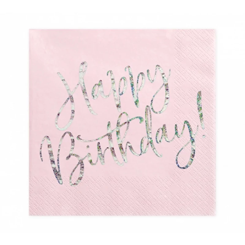 Szalvéta púder rózsaszín, Happy Birthday színváltós felirat, 33x33 cm, 20db/csomag