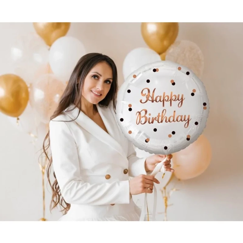 Fólia lufi Happy Birthday felirattal elegáns fehér-rosegold színnel születésnapra 45 cm 10240