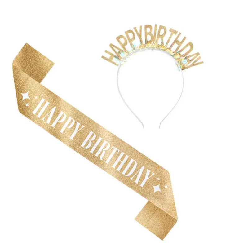 Vállszalag és fejdísz arany színű Happy Birthday felirattal születésnapra M168134