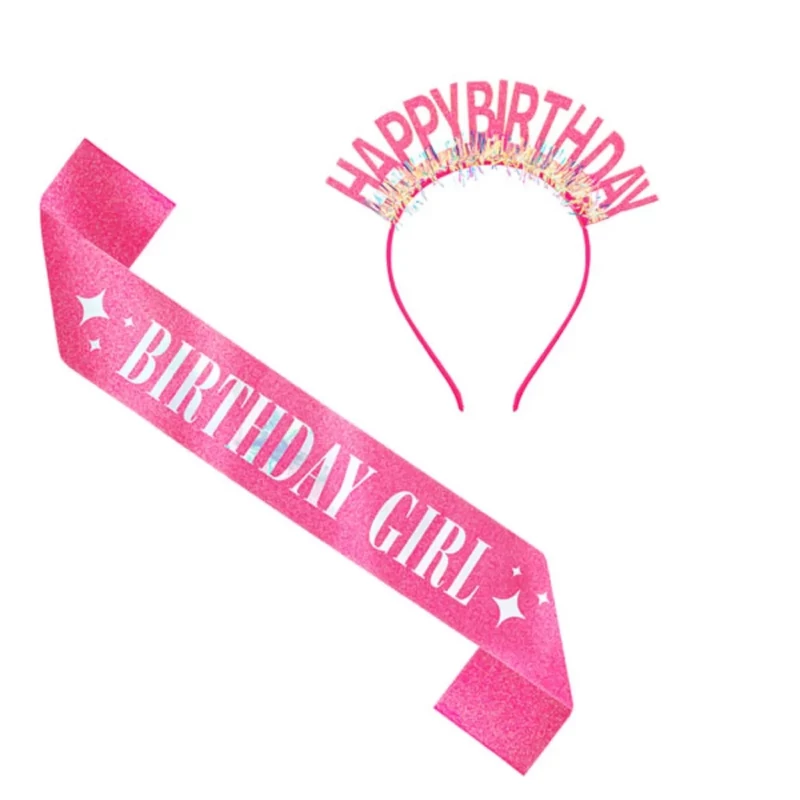 Vállszalag és fejdísz rózsaszín Happy Birthday felirattal születésnapra M168141