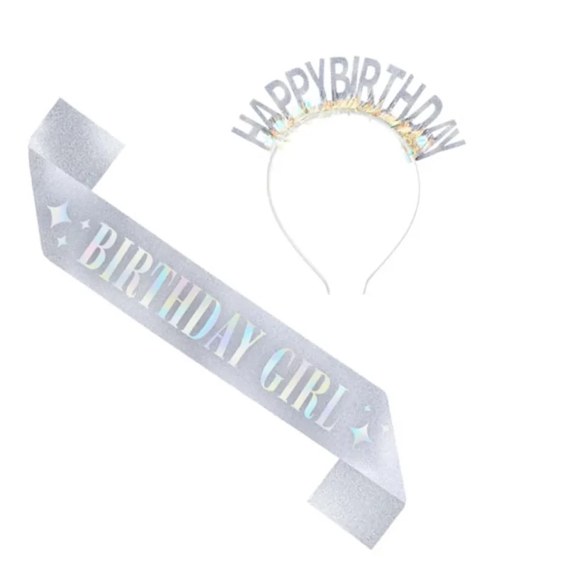 Vállszalag és fejdísz ezüst színű Happy Birthday felirattal születésnapra M168158