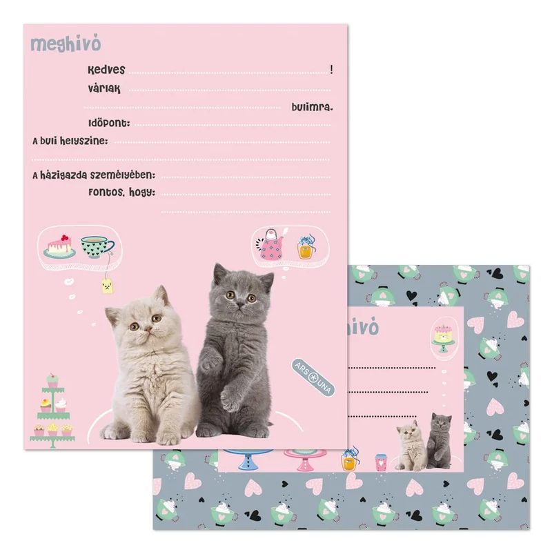 Ars Una Cute Animals Tea Party cica mintás partimeghívó borítékkal 10 db/csomag