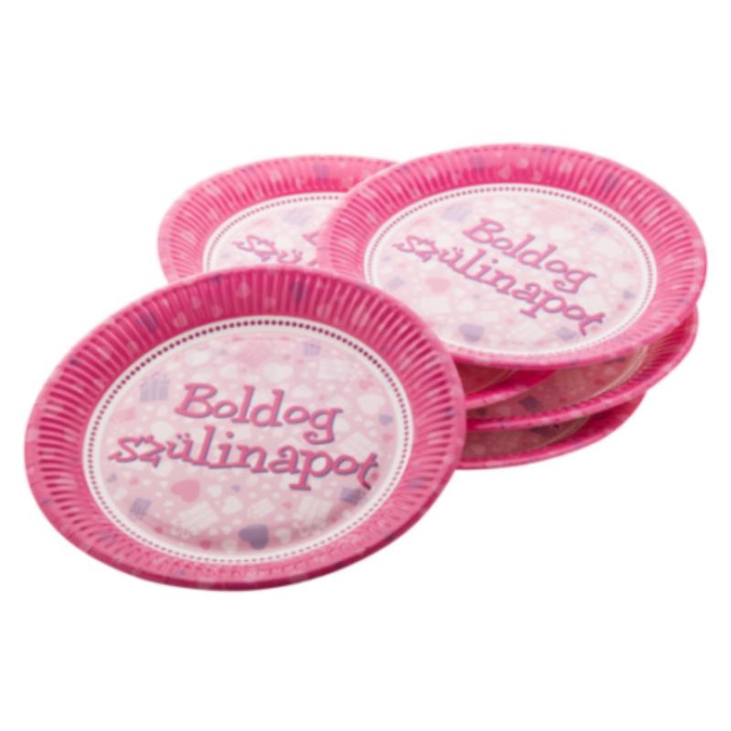 Papírtányér Boldog Születésnapot pink 23cm 6db/cs