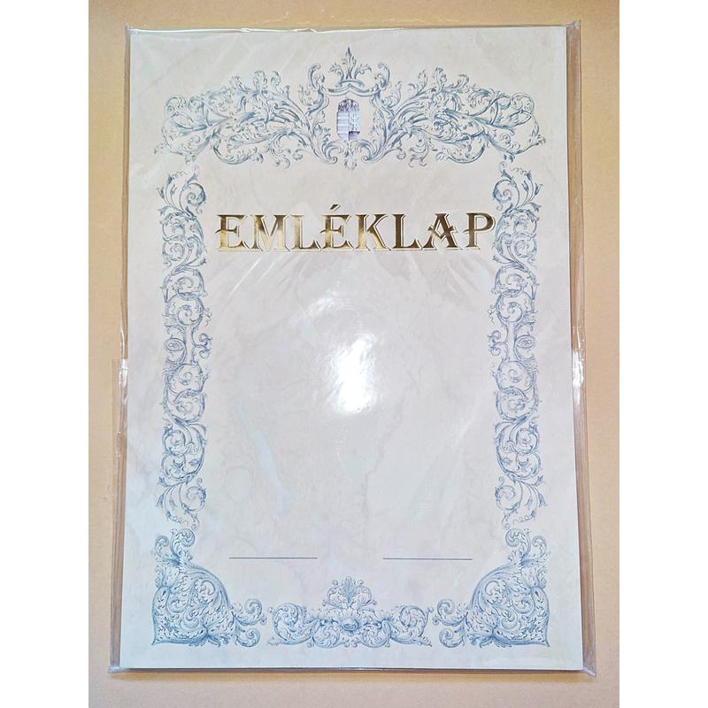Emléklap magyar címerrel kék mintával arany felirattal 