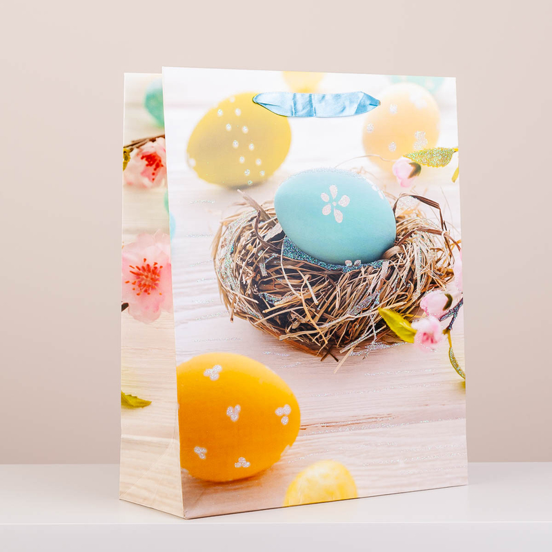 Húsvéti dísztasak virág és festett tojás mintával, csillámporos nagy (32x26x10cm) 