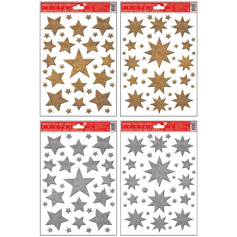 Karácsonyi ablakfóli, csillámos arany, ezüst csillagok 27x20cm 1 ív 389