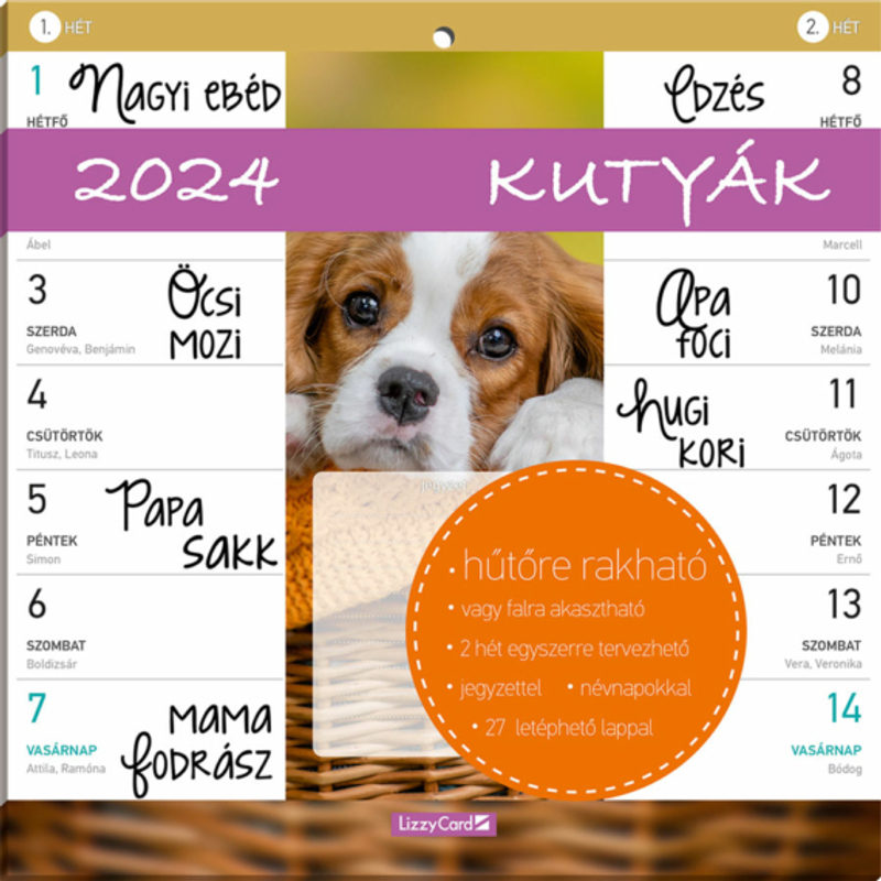 Lizzy Calendar Hűtőmágneses naptár 2 heti Kutyák 2024