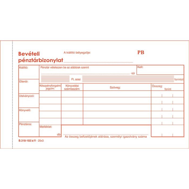 Nyomtatvány bevételi pénztárbizonylat 25x3  B318-102