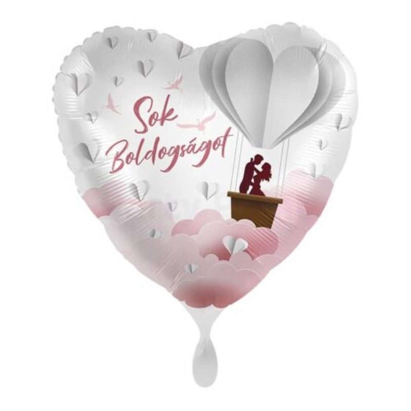 45 cm Sok Boldogságot feliratos szív alakú fólia lufi hőlégballonos 08009