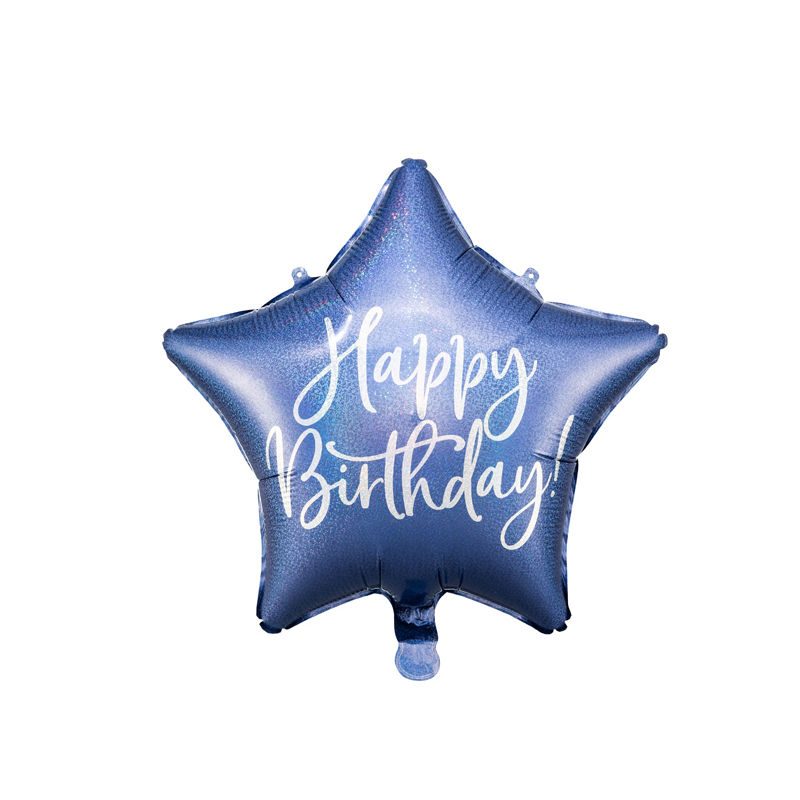 Csillag alakú kék gyöngyház színű Happy Birthday felirattal fólia lufi 40cm 170919