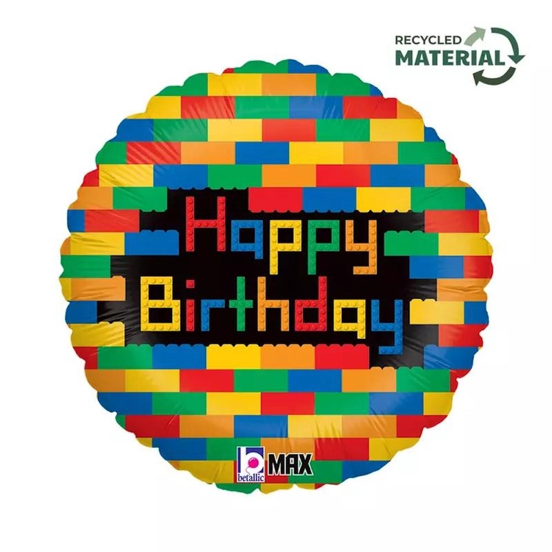 Fólia lufi Happy Birthday felirattal építőkockás mintával születésnapra 45 cm 36557