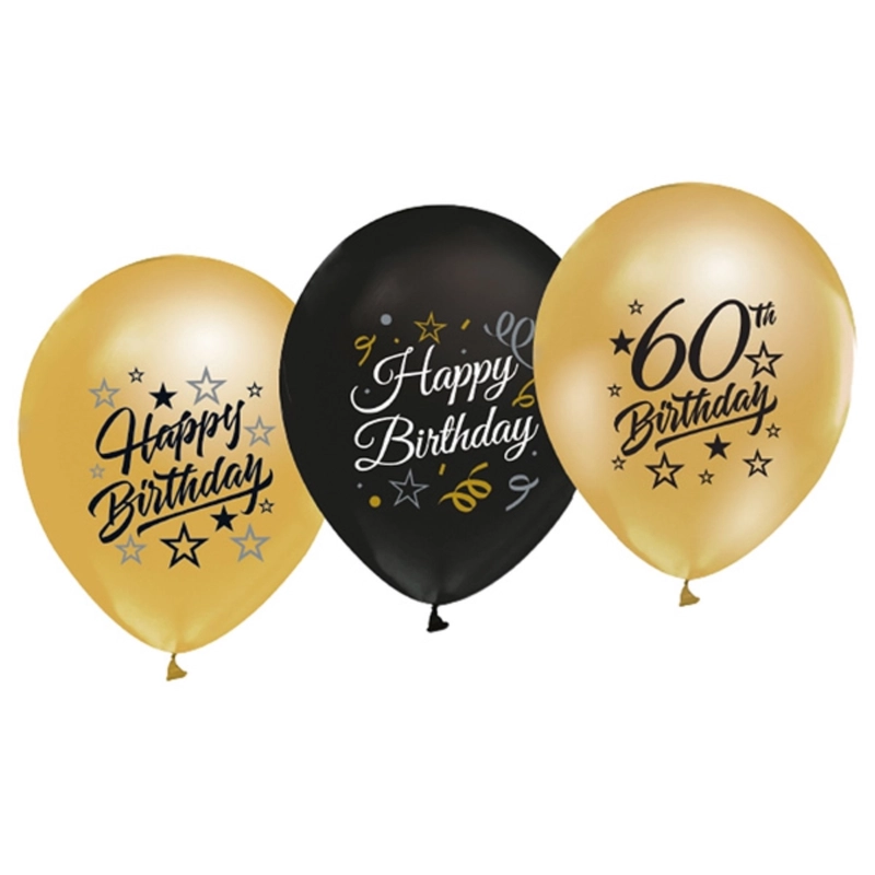 Happy Birthday 60. születésnap fekete-arany latex lufi 30cm 5db